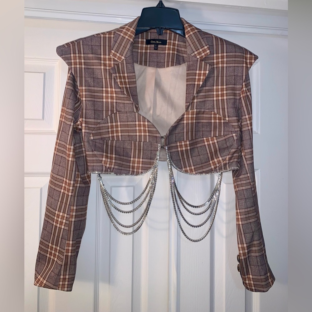 Women’s Queen Maria Plaid Cropped Blazer w/ Rhinestones. Brown/Orange/Tan. Large